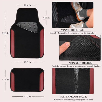 CAR PASS Faux Leather Steering Wheel Cover and Waterproof Car Floor Mats, Universal Car Combo Fit for 95% Sedan,SUV,Cars, 14.5-15inch Sporty Anti-Slip Safety Comfortable Design Burgundy