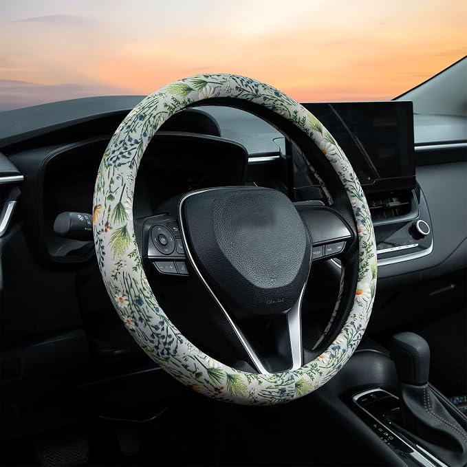 Faux Embroidery Flowers Steering Wheel Cover Auto Steering Wheel Protector, Anti-Slip, Breathable, Absorbing Sweat, Universal Floral Car Accessories 14.5–15 inch,Fit for Most Car, Trucks, SUV