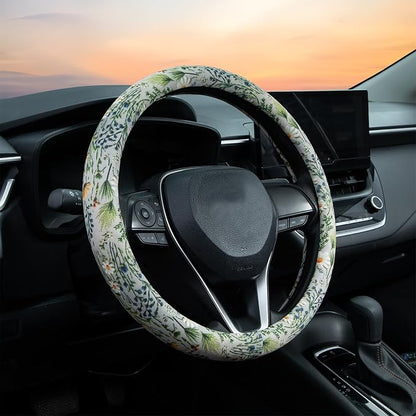 Faux Embroidery Flowers Steering Wheel Cover Auto Steering Wheel Protector, Anti-Slip, Breathable, Absorbing Sweat, Universal Floral Car Accessories 14.5–15 inch,Fit for Most Car, Trucks, SUV