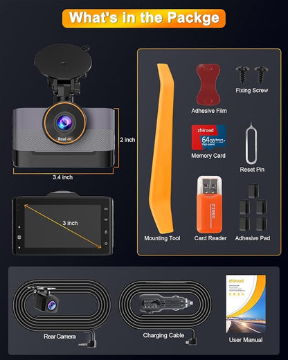 4K Dash Cam Front and Rear, Dual Dash Camera for Cars with 64G SD Card, 3" IPS Dashcam with Night Vision, Time Lapse, 24H Parking Mode, 170° Wide Angle, G-Sensor, Loop Recording, Real WDR