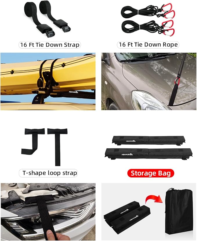 Abahub Soft Roof Rack Pads with 2 Tie Down Straps, 2 Tie Down Ropes, 2 Hood Loops and Storage Bag, for Surfboard, Kayak, Canoe, Heavy Duty Universal Car Roof Racks System Black 30 Inch