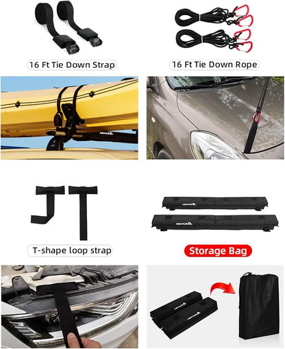 Abahub Soft Roof Rack Pads with 2 Tie Down Straps, 2 Tie Down Ropes, 2 Hood Loops and Storage Bag, for Surfboard, Kayak, Canoe, Heavy Duty Universal Car Roof Racks System Black 30 Inch