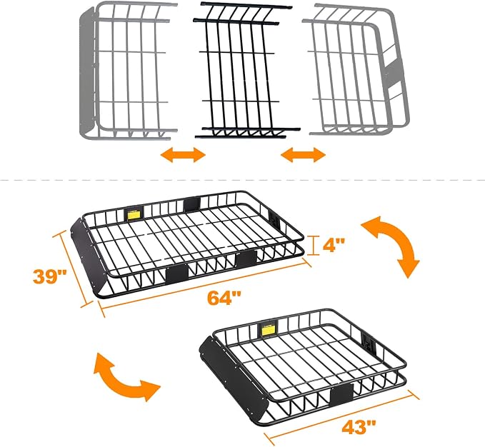 XCAR 64"x 39"x 4" Universal Roof Rack Basket Black with 3' x 4' Cargo Net and Rooftop Cargo Carrier Bag 15 Cubic ft - Car Top Luggage Storage Holder Baskets for SUV Truck Vehicle