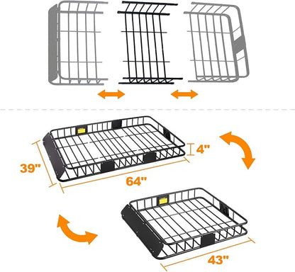 XCAR 64"x 39"x 4" Universal Roof Rack Basket Black with 3' x 4' Cargo Net and Rooftop Cargo Carrier Bag 15 Cubic ft - Car Top Luggage Storage Holder Baskets for SUV Truck Vehicle