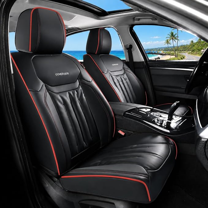 Coverado Car Seat Covers, Full Set Seat Covers for Cars 5 Seats, Car Seat Protector, Waterproof Nappa Leather Car Seat Cushion, Universal Fit for Most Cars, Black&Red Line