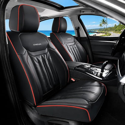 Coverado Car Seat Covers, Nappa Leather Waterproof Seat Cover, Car Seat Protector, Automotive Seat Covers Universal Fit for Most Cars, (Front, Black&Red Line)