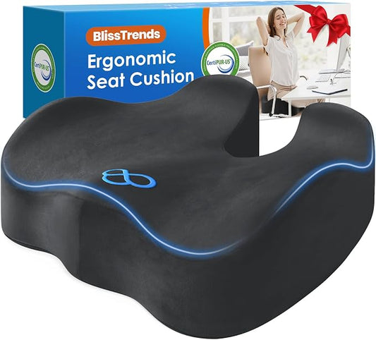 BlissTrends Seat Cushion,5.2in Thick Memory Foam Cushions for Office Chair, Car Seat, Airplane, Relieving Pressure Tailbone Sciatica Back Pain for Long Sitting Office Workers, Car Drivers Grey