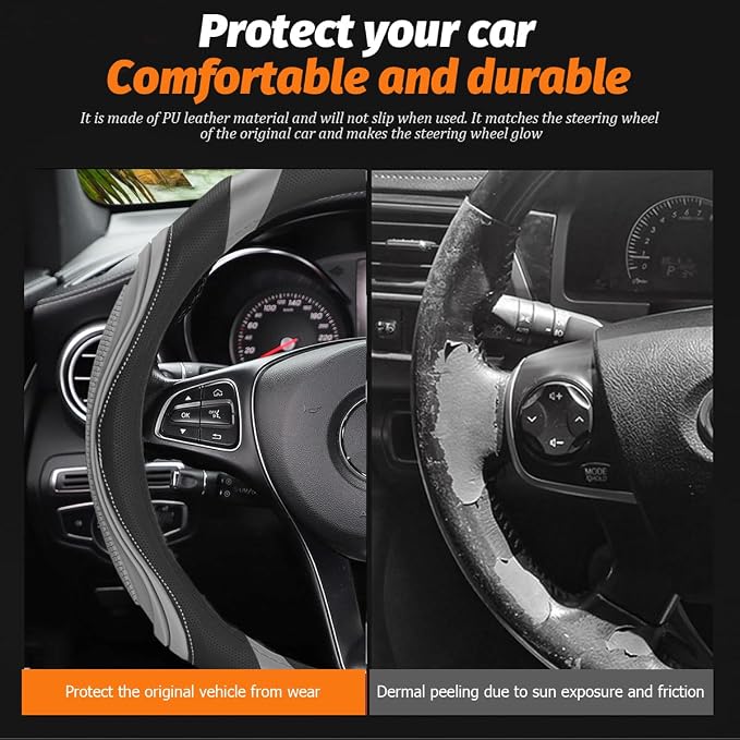 Osilly 15 Inch Car Leather Steering Wheel Cover, Automotive Accessories Elastic Breathable Anti-Slip Soft Wheel Protector Fits Men and Women, Suitable for SUVs, Trucks, Vehicles and RVs (Light Gray)