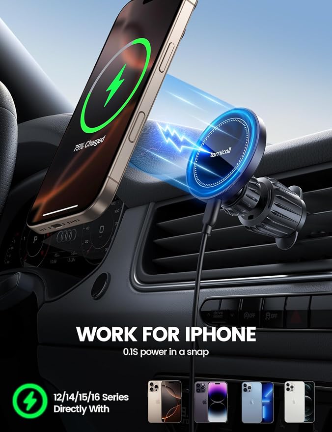 Lamicall 15W for MagSafe Car Mount Charger - [20X Strong Magnets] Wireless Car Phone Holder Charger, Magnetic Phone Holders for Car Vent Dash Accessories for Women Men for iPhone 17 Pro Max Black