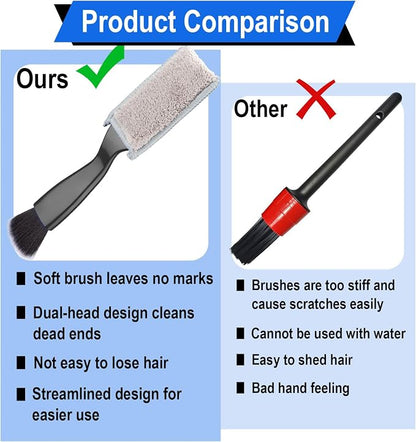 BFXM 2PCS Double Head Brush for Car Clean, Car Accessories Universal 2 in 1 Car Detailing Brush, Double Ended Portable Dust Brush with 4 Cleaning Cloth, for Air Conditioner Outlets, Dashboard Screen