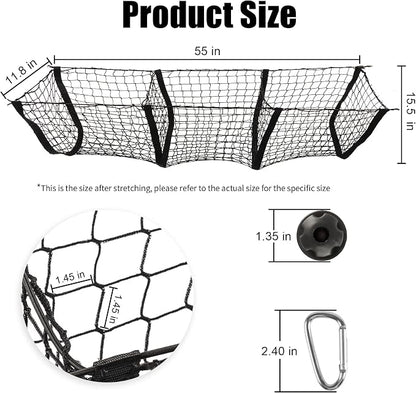 Amiss Heavy Duty Mesh Cargo Net, 3 Pocket Trunk Bed Storage Organizer Compatible for SUV, Car, Pickup Truck Bed, Etc.with 4 Metal Hooks (11.8×11.8×47.3 Inch), Black