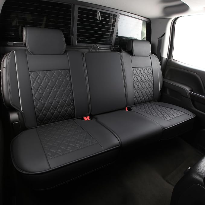 JOJOBAY Chevy Silverado Seat Covers,Leather Seat Covers for GMC Sierra,Custom Fit 2007-2026 1500 2500HD 3500HD Crew Extended Regular Cab,LT LZ(Rear Seat Covers,Black Grey)