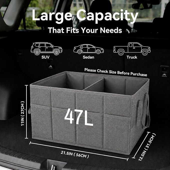 PAT SAM'S Car Trunk Organizer for SUV, Foldable Collapsible Storage Organizer with Dividers, Non-Slip Waterproof 600D Oxford, Backseat & Trunk Storage for Groceries, Tools, Toys (Gray)