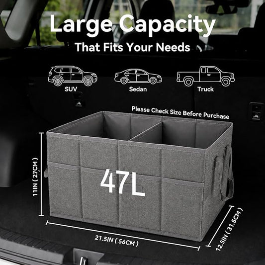 PAT SAM'S Car Trunk Organizer for SUV, Foldable Collapsible Storage Organizer with Dividers, Non-Slip Waterproof 600D Oxford, Backseat & Trunk Storage for Groceries, Tools, Toys (Gray)