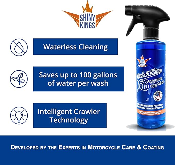 Shinykings Wash&Shine 66 WATERLESS Motorcycle Cleaner | Made in USA | Ultra Shine Effect | Detailing Wash Spray for All Surfaces | 16 fl.oz