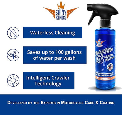 Shinykings Wash&Shine 66 WATERLESS Motorcycle Cleaner | Made in USA | Ultra Shine Effect | Detailing Wash Spray for All Surfaces | 16 fl.oz