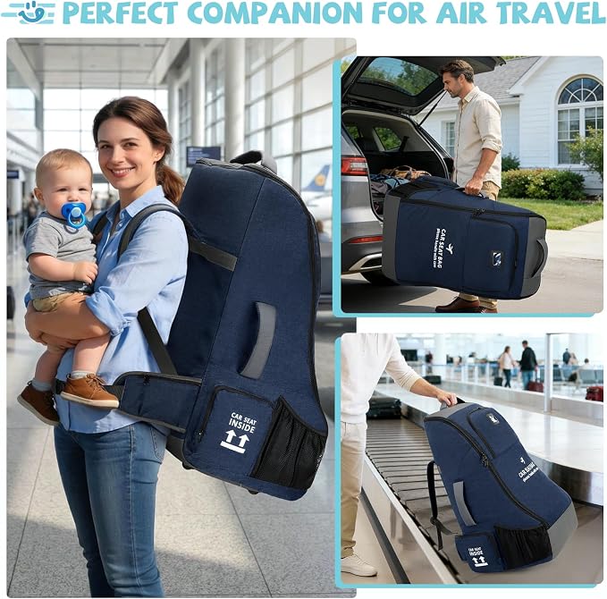 RAINSMORE Car Seat Travel Bag for Airplane Padded Carseat Backpack Heavy-duty Car Seat Cover for Air Travel Infant Car Seat Carrier Bag with Shoulder & Waist Strap, Fits Most Car Seat & Booster Seats
