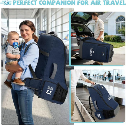 RAINSMORE Car Seat Travel Bag for Airplane Padded Carseat Backpack Heavy-duty Car Seat Cover for Air Travel Infant Car Seat Carrier Bag with Shoulder & Waist Strap, Fits Most Car Seat & Booster Seats
