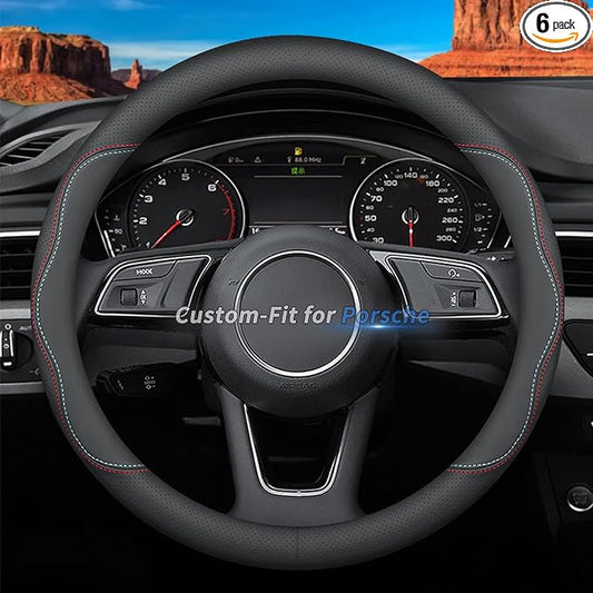 Deer Route Custom-Fit for Porsche Steering Wheel Cover, Premium Leather Car Steering Wheel Cover with Logo, Non-Slip, Breathable, for Porsche Accessories (A-Style,for Porsche)