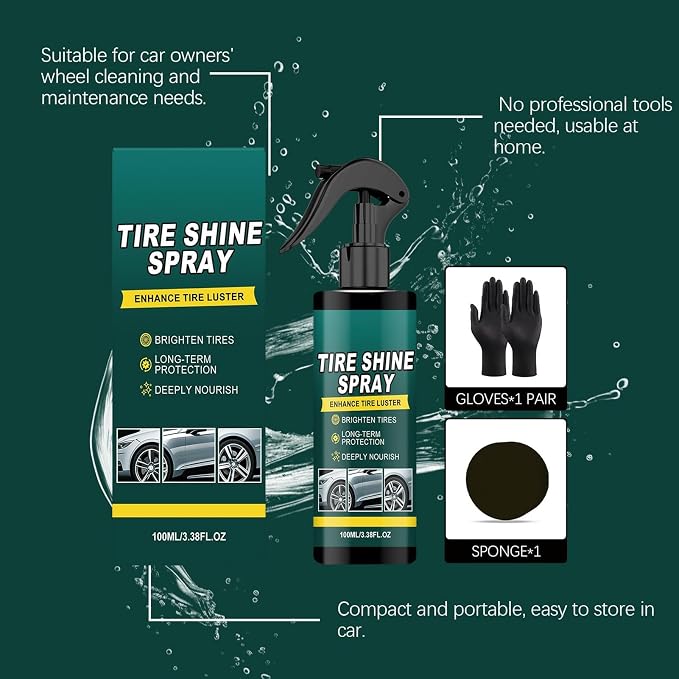 Car Tire Shine Spray | Long Lasting 100ml Maintenance Tool | Auto Tire Shine Cleaner - for Sedan Truck RV Motorcycle Scooter ATV, Detailing Shop Home Garage