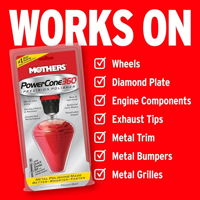 Mothers PowerCone 360, Polishing Tool with Quick Swap Bit — Patented Spherical Cone for Deep, Safe Metal Polishing in Hard-to-Reach Areas — Ideal for Wheels & Curved Surfaces (05146)