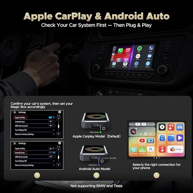 TOGUARDGO 3-in-1 Wireless Carplay Adapter Magic AI Box with YouTube TikTok APPs Upgrade Wired Car Play to Wireless Support USB Drive for iPhone 10+ and Android 13+