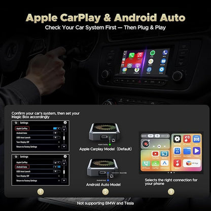 TOGUARDGO 3-in-1 Wireless Carplay Adapter Magic AI Box with YouTube TikTok APPs Upgrade Wired Car Play to Wireless Support USB Drive for iPhone 10+ and Android 13+