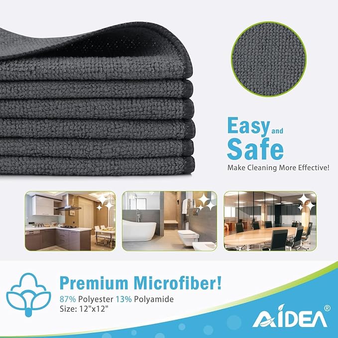 AIDEA Microfiber Cleaning Cloth-600PK, Soft Microfiber Towels for Cars, Absorbent Cleaning Rags, Lint-Free Streak-Free Wash Cloths for House, Kitchen, Window(12in.x12in), Grey