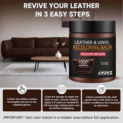 Leather Recoloring Balm - Scratch Repair & Color Restore Kit for Faded Leather, Leather Couch & Car Seats - 12OZ Leather Restorer Balm for Furniture, Auto Interior, Vinyl, Accessories (Medium Brown)