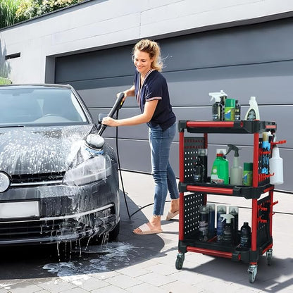 Car Detailing Cart – Auto Detailing Tool Cart with 4 Tool Hanging Board,360° Lockable Universal Wheels, 3 Tier Car Wash Detail Cart for Professional Detailing (4 Tool Hanging Board)