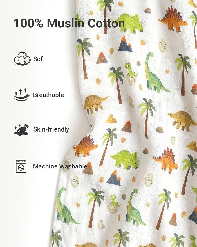 Rquite Baby Boy Car Seat Cover, 100% Muslin Cotton Infant Carseat Canopy, Soft Breathable Stroller Sun Shade & Newborn Shower Gift, Large Size Universal Fit Summer, Hot & Warm Weather (Green Dinosaur)