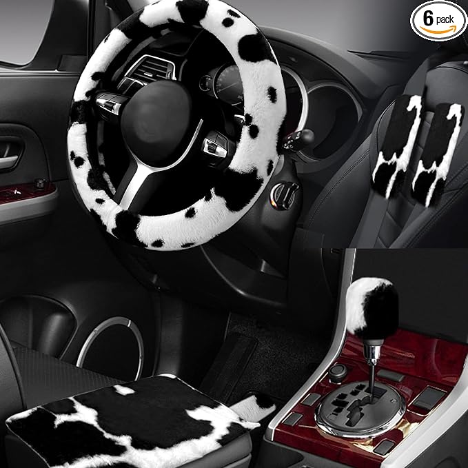 6PCS Set car Interior Aesthetic Accessories, Fluffy Cute Cows Steering Wheel Cover, armrest pad, seat Belt Cover,Gear Shift Cover, Fit Girly car