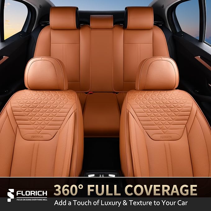 FLORICH Seat Covers, Car Seat Covers Full Set, Luxury Nappa Leather Seat Covers, Breathable and Waterproof Car Seat Protector 5 Seat, Automotive Seat Covers Universal Fit for Most Cars-Brown