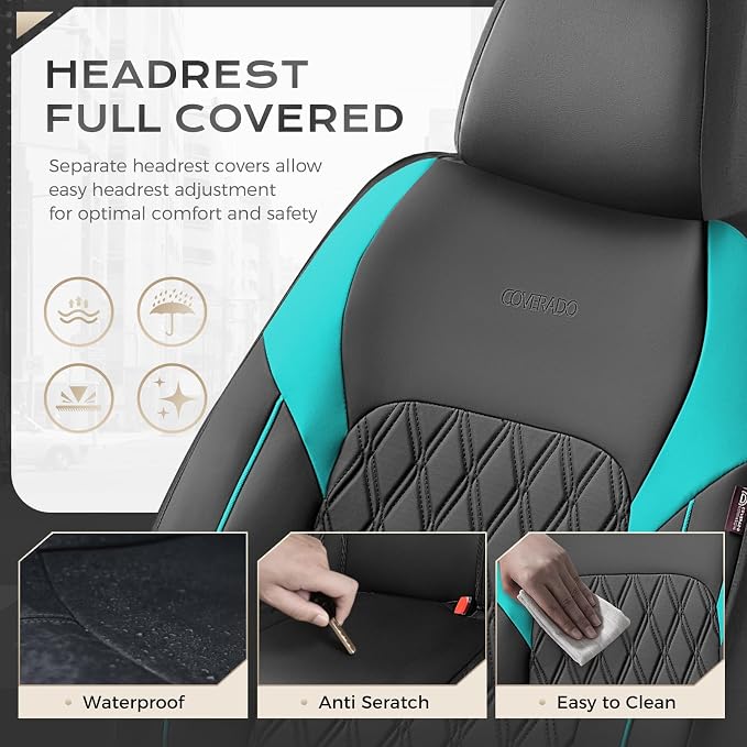 Coverado Front Seat Covers, Car Seat Covers for Cars, Waterproof Driver Seat Covers, Faux Leather Car Seat Cushion, Front Auto Seat Covers Luxury Car Seat Protector Universal Fit Most Cars, Black&Blue