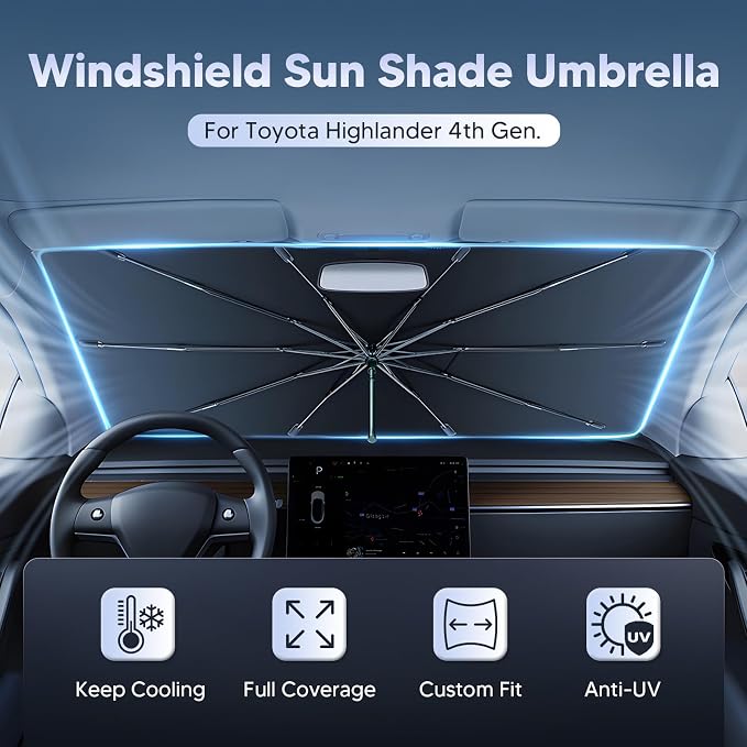 Autorder Windshield Sun Shade Umbrella for 2020-2026 Toyota Highlander Accessories,Upgraded Ice Crystal Material,Easy Setup Umbrella Sunshade for Car Windshield,100% Sun Blocking