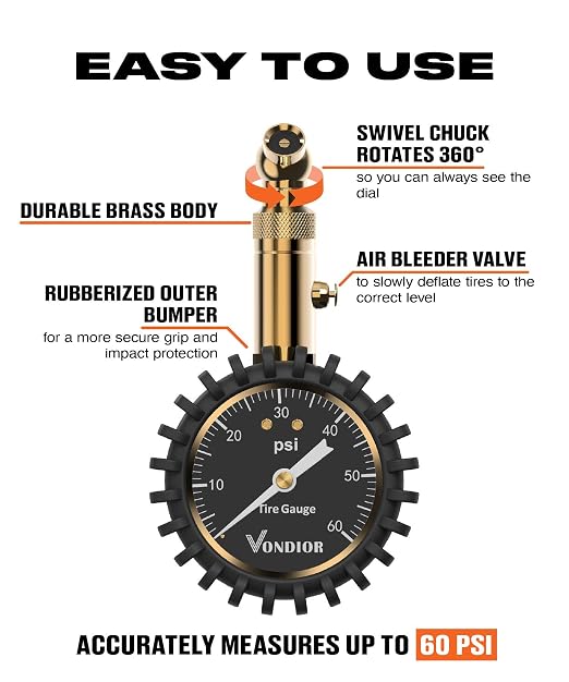 Tire Pressure Gauge - (0-60 PSI) Heavy Duty, Certified ANSI Accurate with Large 2 Inch Easy to Read Glow Dial, Low - High Air Pressure Gauge. Tire Gauge for Car and Trucks Tires by Vondior