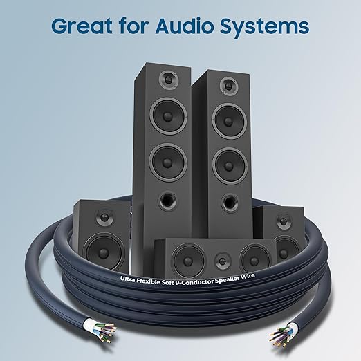 9 Conductor Speaker Wire 25 FT, 18 Gauge CCA Stranded Cable, 18AWG 4-Channel Speaker Wire and Remote Wire for Car Audio Systems, Ultra-Flex and Easy Peel Jacket, Blue