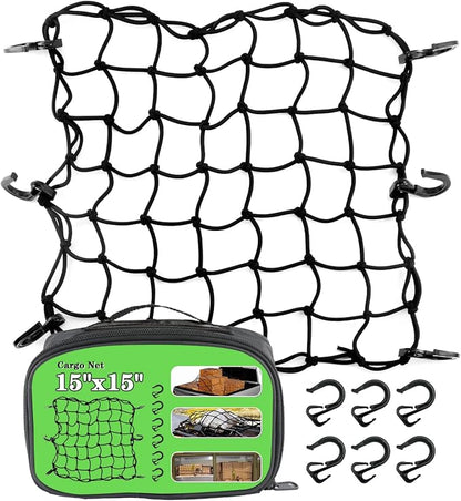 15"x15" Universal Truck Bed Net Black Latex Bungee Cargo Net Extends to 30"x30" with 6 Adjustable Hooks & Tight 2"x2" Mesh by Cenipar
