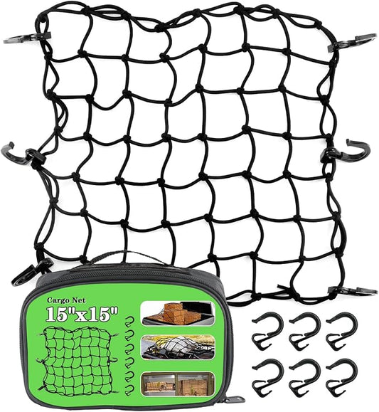 15"x15" Universal Truck Bed Net Black Latex Bungee Cargo Net Extends to 30"x30" with 6 Adjustable Hooks & Tight 2"x2" Mesh by Cenipar