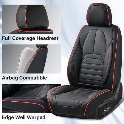 Coverado Car Seat Covers Full Set, Black Redline Seat Covers for Cars, Automotive Seat Covers, Waterproof Nappa Leather Front Seats and Back Car Seat Protector, Universal Fit for Most Cars SUV Trucks