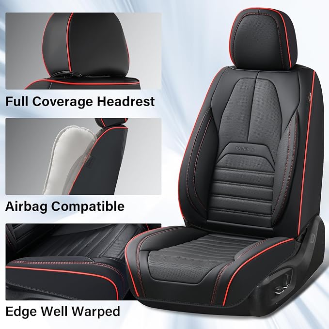 Coverado Car Seat Covers Front Seats, Automotive Seat Covers, Waterproof Nappa Leather Car Seat Cover, Car Seat Cushion, Black Redline Seat Covers Carseat Cover Universal Fit for Most Cars