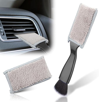 Double Head Brush for Car Clean, 2 in 1 Car Detailing Brush, Car Accessories Double Ended Portable Dust Brush with 2 Cleaning Cloth, Universal Dust Removal Brush for Air Conditioner Outlets