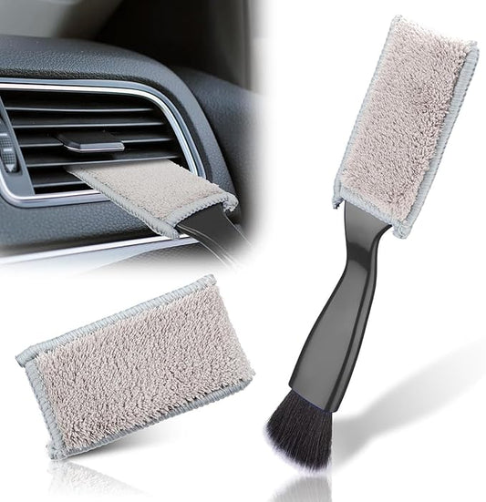 Double Head Brush for Car Clean, 2 in 1 Car Detailing Brush, Car Accessories Double Ended Portable Dust Brush with 2 Cleaning Cloth, Universal Dust Removal Brush for Air Conditioner Outlets