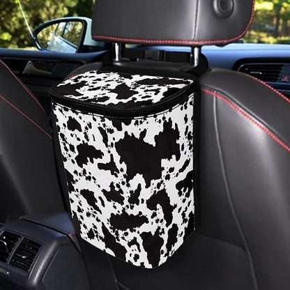White Black Cow Car Trash Can Cow Car Accessories Leak Proof Trash Bag with Lid and Zipper Portable Collapsible Garbage Can Multipurpose Storage Organizer Car Trash Bag Hanging Cute