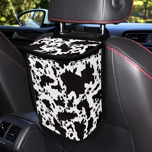 White Black Cow Car Trash Can Cow Car Accessories Leak Proof Trash Bag with Lid and Zipper Portable Collapsible Garbage Can Multipurpose Storage Organizer Car Trash Bag Hanging Cute