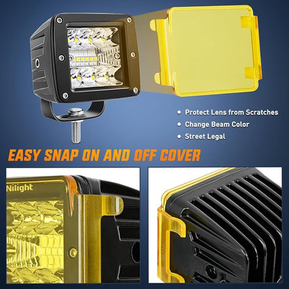 Nilight LED Pod Light with Amber/Black Covers 2 PCS 3 Inch 42 W Cubes Spot Flood Combo Off Road Light Super Bright Driving Fog Boat Lighting for Trucks Pickup Golf Cart SUV ATV UTV 4x4 Van Camper