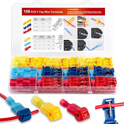 108 Pcs T-Tap Wire Connectors Kit, Quick Splice Self-Stripping Electrical Wire Terminals for Speaker Car Audio, Nylon Fully Insulated Male Quick Disconnects for Automotive Wiring (22-10 AWG)