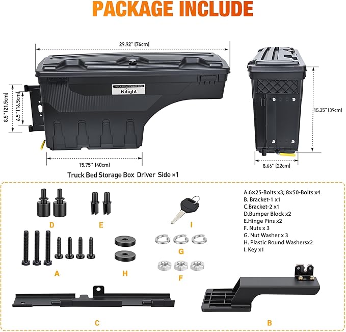 Nilight Truck Bed Tool Box Left Drivers Side Truck Tool Box Fit for Ford F-150 2015-2021 ABS Swing Case Truck Bed Storage Box with Lockable Lid Waterproof Wheel Well Toolbox Black