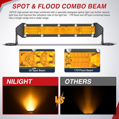 Nilight Slim LED Light Bar 2Pcs 7 Inch 16LED Single Row Spot Flood Combo Amber Off Road Work Driving Fog Turn Signal Lighting for 12V 24V ATV UTV Pickup Truck Tractor Boat