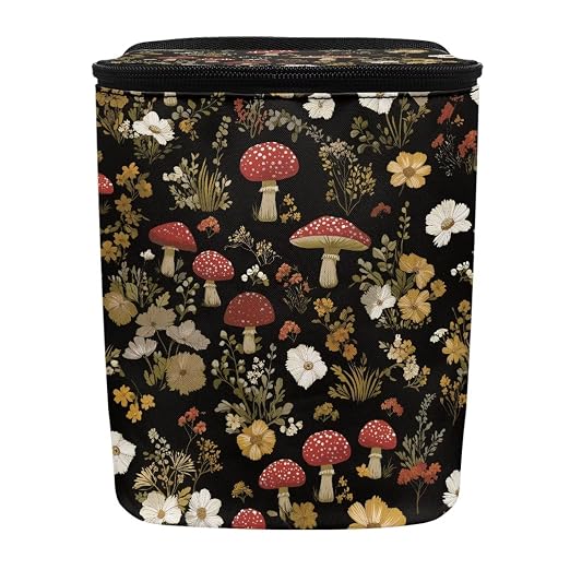 Retro Mushroom Daisy Flower Pattern Car Trash Can with Lid and Zipper Portable Foldable Trash Bin for Car Interior Accessories Multipurpose Garbage Can Bags Storage Organizer